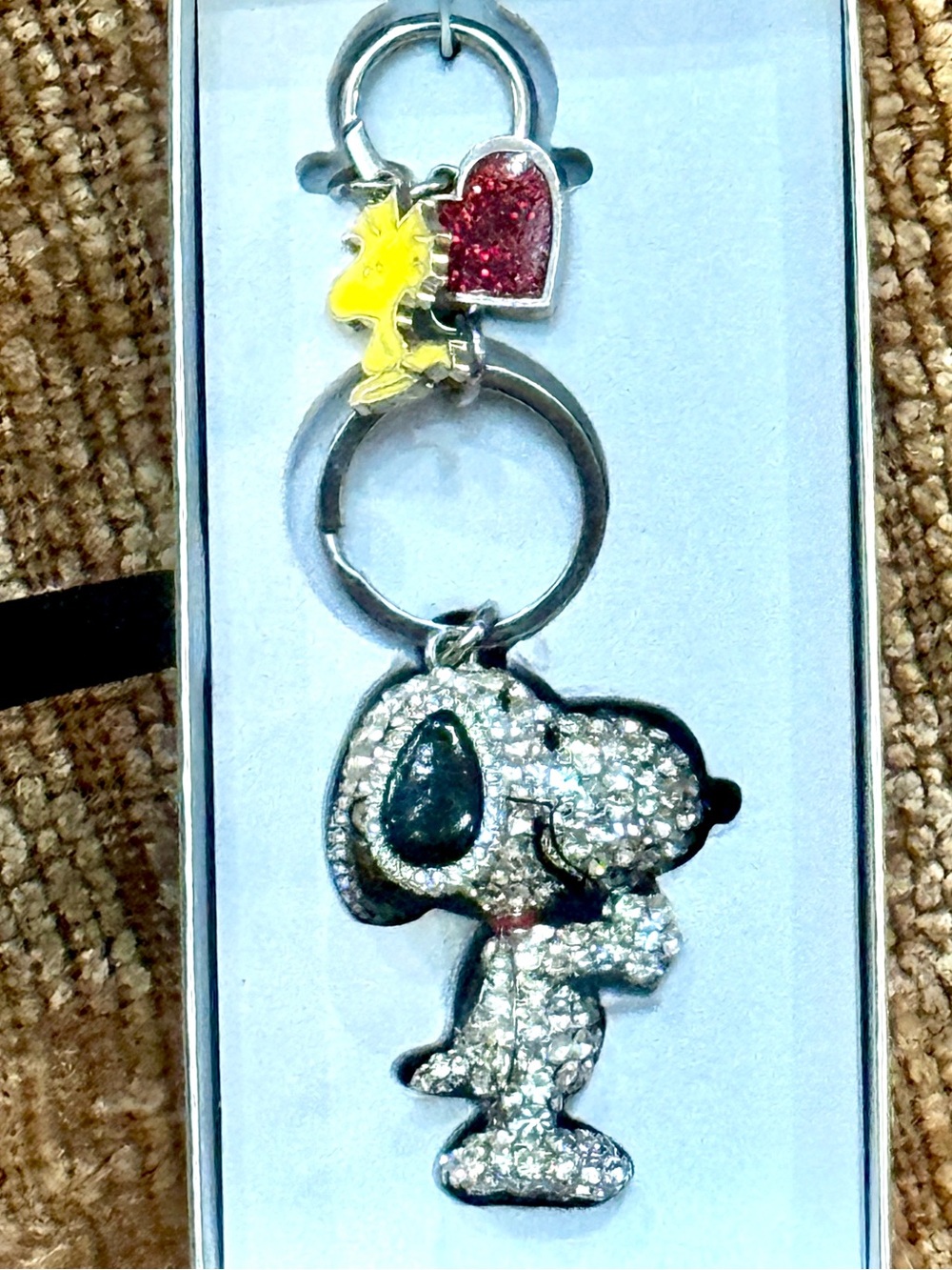 Peanuts Snoopy Crystal Keychain with Yellow Woodstock and Pink Heart